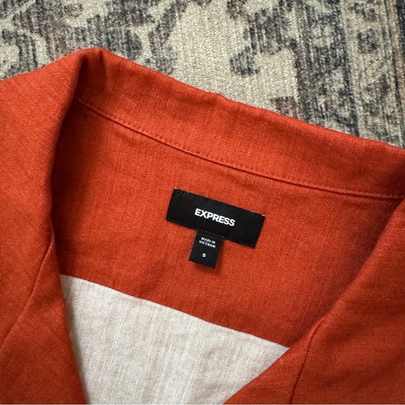 Men's Express Orange Linen Palm Tree Floral Button Down Beach Shirt Small - Picture 3 of 6